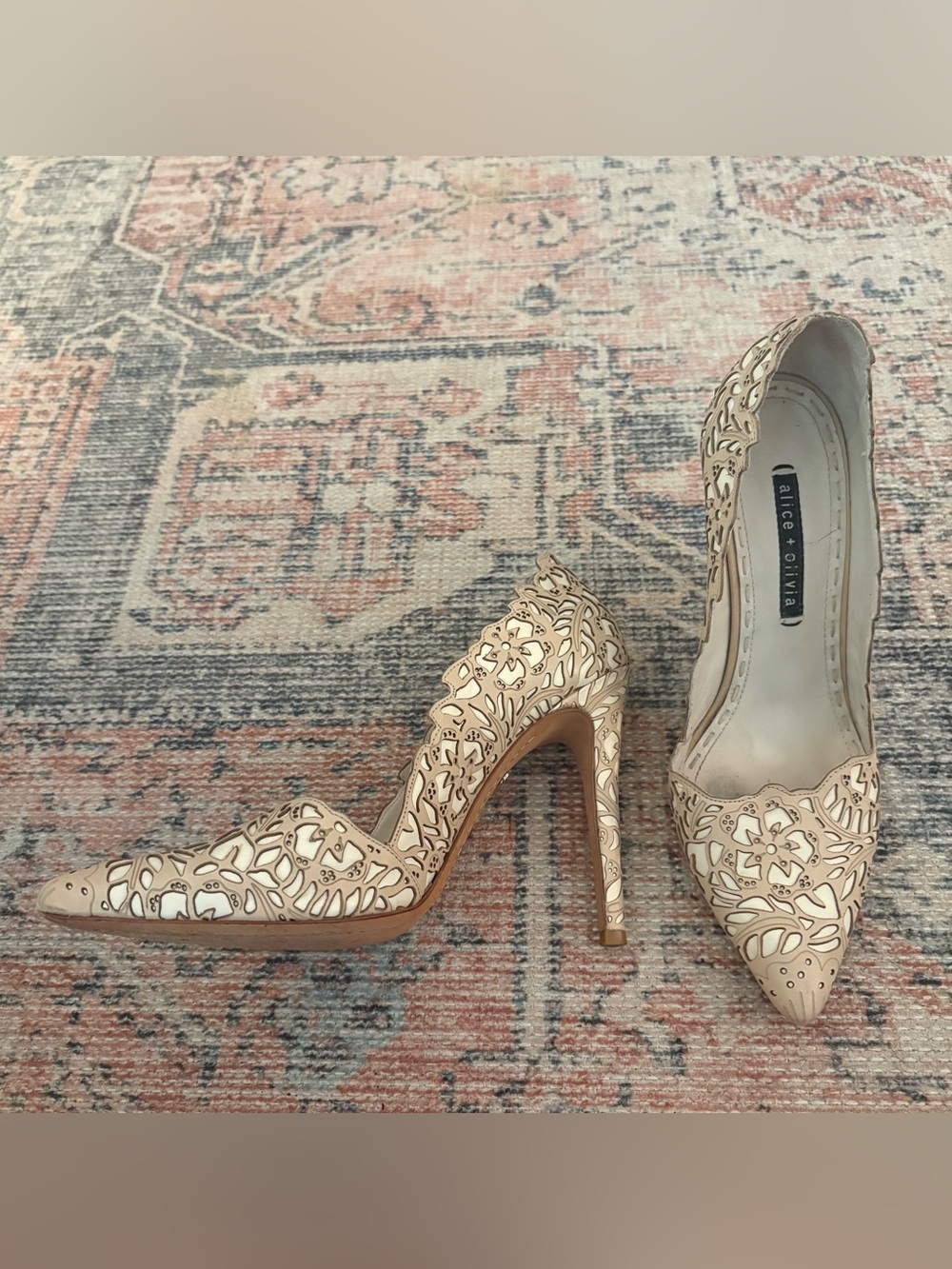 Alice + Olivia Cream and Tan Laser-Cut Stiletto Pumps